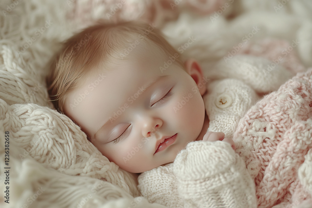 Peaceful sleeping baby wrapped in cozy knit blanket Peaceful sleeping baby wrapped in cozy knit blanket