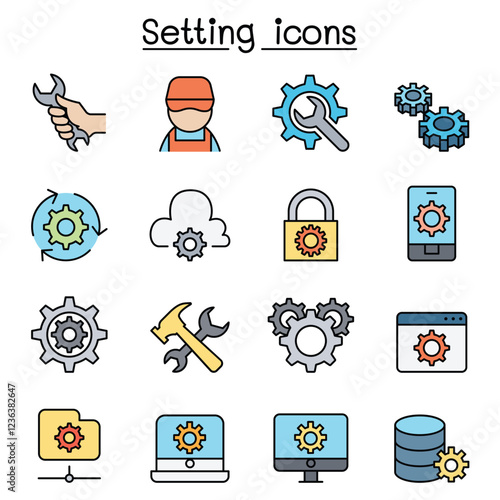 Setting, Setup, Configuration, Maintenance icon set in thin line style