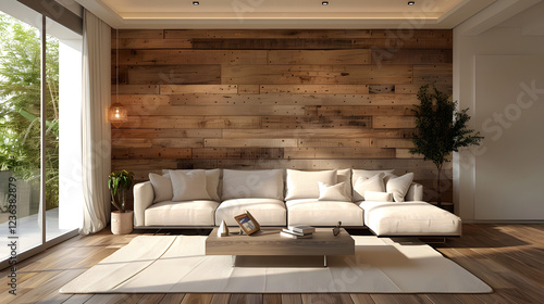 Loft, minimalist interior design of modern living room with barn wood paneling wall