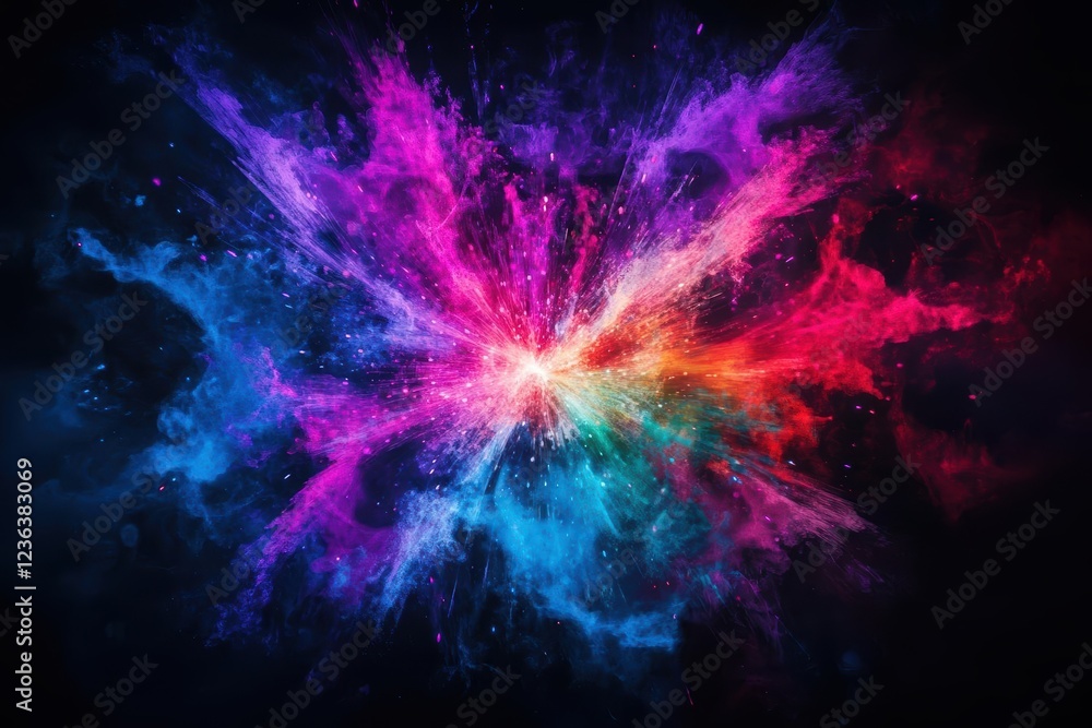Obraz premium Vibrant Colorful Explosion of Powder Creating Dynamic Patterns Against Dark Background Evoking Energy Joy and Creativity in Artistic Expression