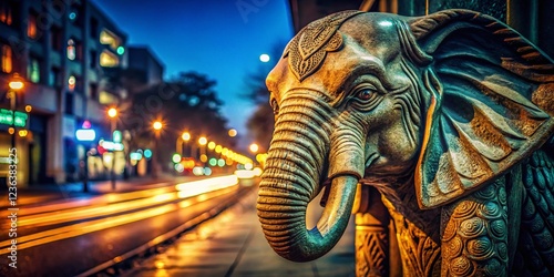 Intricate Elephant Statue Adorns the Roadway at Night