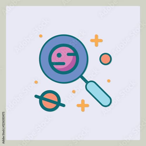 A stylized illustration featuring a magnifying glass, a face, circles and plus sign shapes