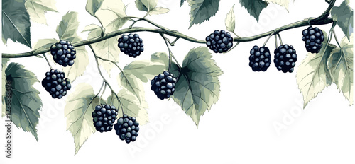 Antique fruit decor, blackberry vine with ripe blackberries, vintage botanical illustration, soft green leaves, natural tones