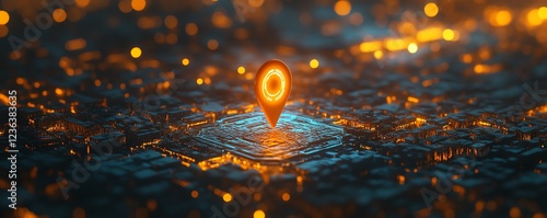 A glowing geo pin over a modern stylized city model photo