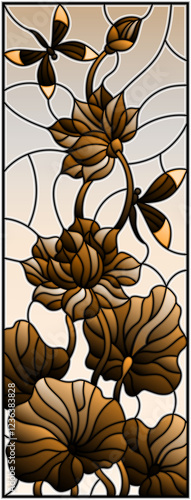 Illustration in stained glass style with Lotus leaves and flowers, flowers and dragonflies on sky background, tone brown