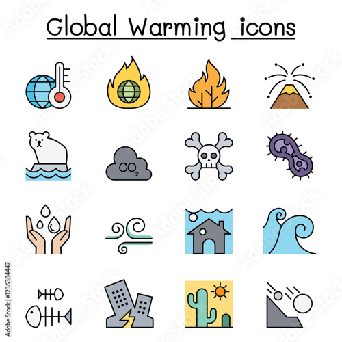 Global warming, Disaster, catastrophe icon set in thin line style