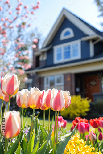 Colorful tulips blossoming in front of a big house. Decorating your outdoor area with blooming flowers.