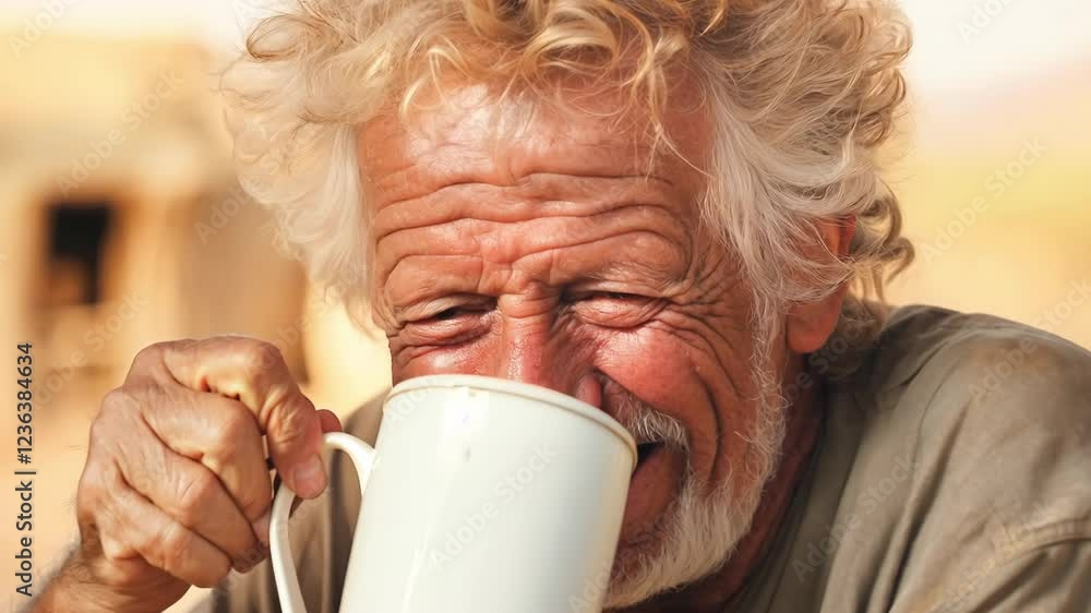 An elderly man in an African village with a mug of water. Water problems, global warming, drought, water shortage in the world, health problems, poverty and misery in countries. Climate change: from f An elderly man in an African village with a mug of water. Water problems, global warming, drought, water shortage in the world, health problems, poverty and misery in countries. Climate change: from f