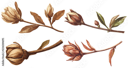 Vintage botanical illustration of a clove bud, with rich brown tones, an ideal choice for decorating with holiday spices and bringing classic charm to seasonal décor.