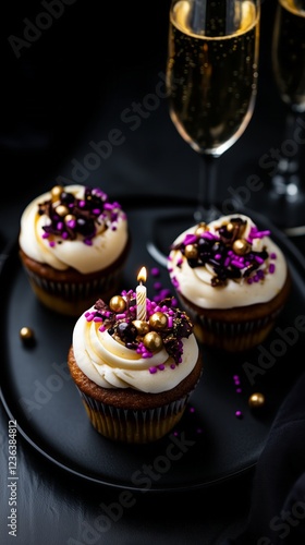 extravagant decadent party setting with colorful sprinkles, cupcake with one candle, coup glass of champagne, glitter, dark purple, black photo