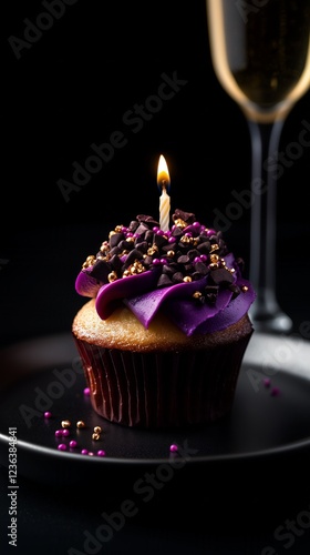 extravagant decadent party setting with colorful sprinkles, cupcake with one candle, coup glass of champagne, glitter, dark purple, black photo