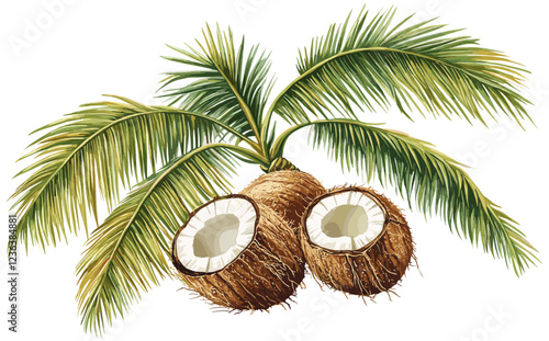 Antique fruit decor with a vintage botanical illustration of a coconut palm tree, soft brown coconuts, and lush green fronds