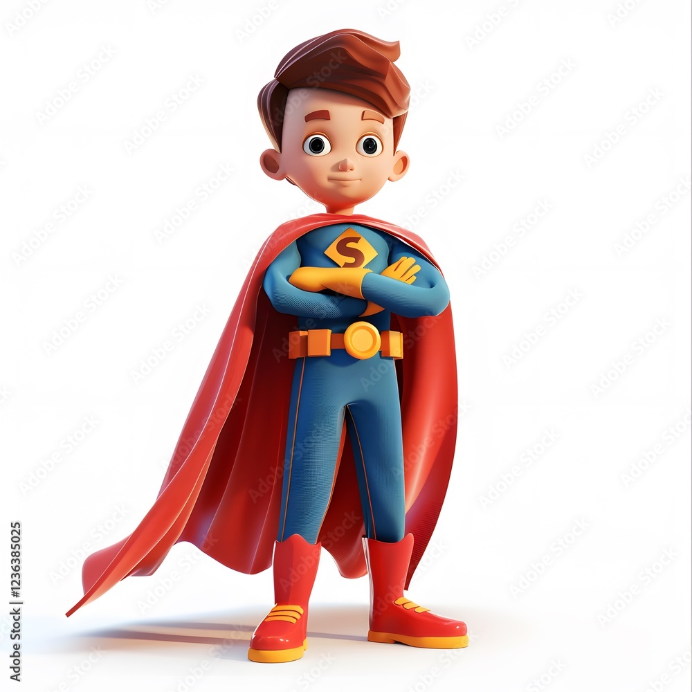 Cartoon Character with Red Cape and Blue Costume Standing Proudly Cartoon Character with Red Cape and Blue Costume Standing Proudly