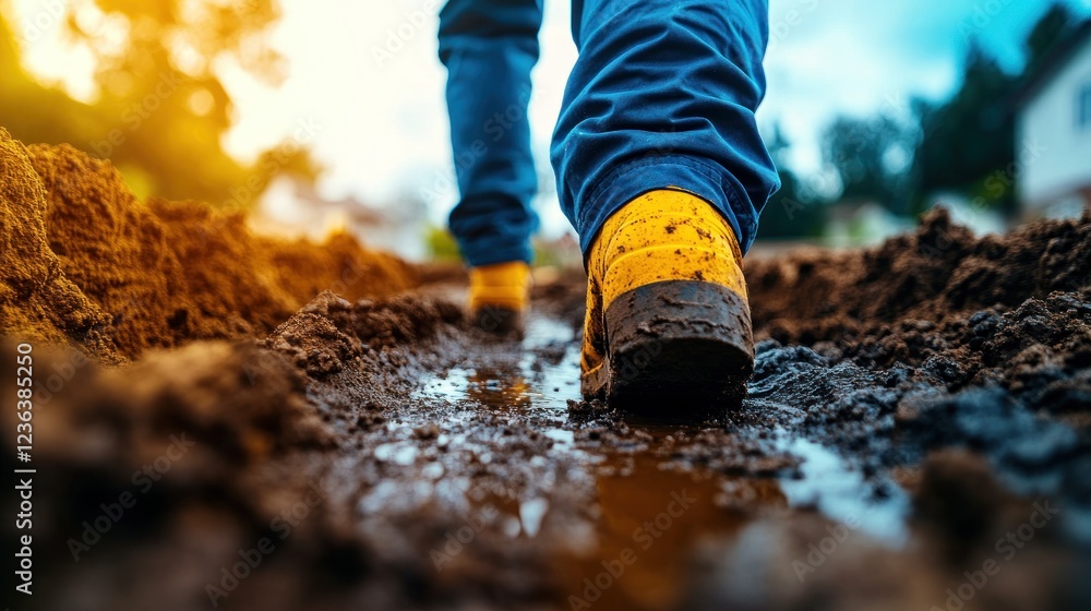 Muddy boots walking through construction site Muddy boots walking through construction site