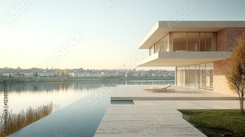 Modern waterfront house overlooking city at dawn photo