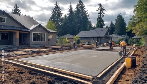 Workers pouring concrete for a new house foundation