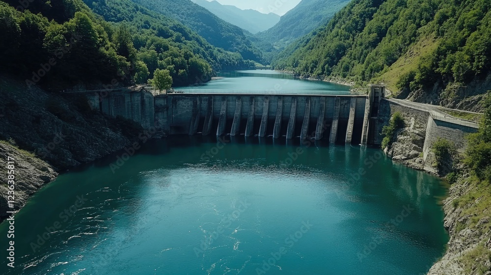 A large dam and locks on a river, indicating hydropower generation. A large dam and locks on a river, indicating hydropower generation.