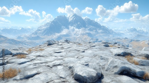 Mountaintop vista, sunny, rocky plateau, expansive view