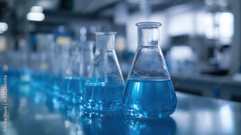 Laboratory Erlenmeyer Flasks with Blue Liquid in a Modern Lab Setting Laboratory Erlenmeyer Flasks with Blue Liquid in a Modern Lab Setting