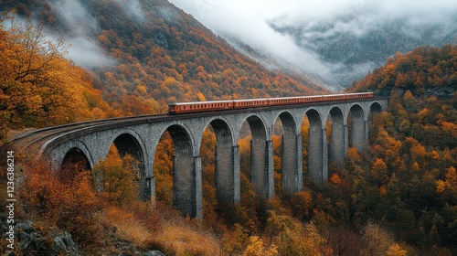 Autumn train crossing mountain viaduct photo