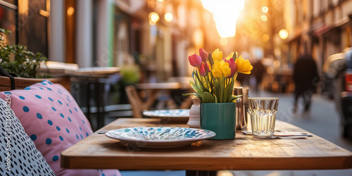 Outdoor restaurant table decorated with flowers on sunny spring day. Celebrating Easter season in sunlit outdoor cafe.