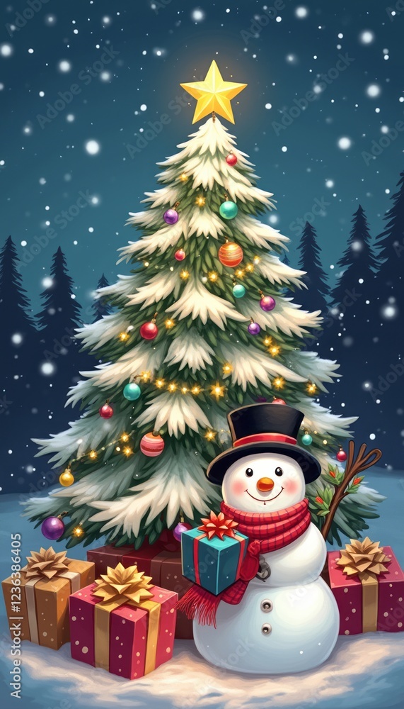 A delightful snowman, adorned with a classic top hat and a bright red scarf, stands proudly next to a lush Christmas tree sparkling with ornaments. Surrounded by colorful presents and gently falling A delightful snowman, adorned with a classic top hat and a bright red scarf, stands proudly next to a lush Christmas tree sparkling with ornaments. Surrounded by colorful presents and gently falling