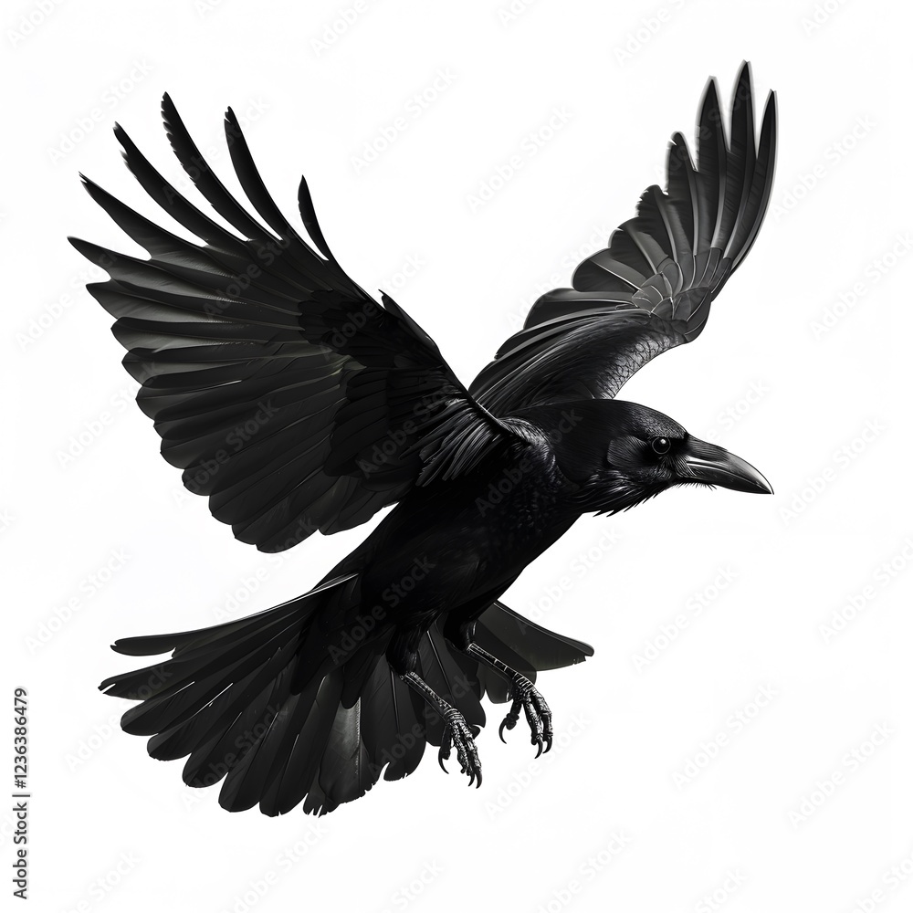 Fototapeta premium Majestic Black Raven in Flight with Outstretched Wings and Detail