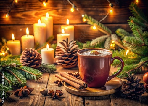 Warmth radiates from a vintage photo: festive hot chocolate, flickering candles, and fragrant pinecones.