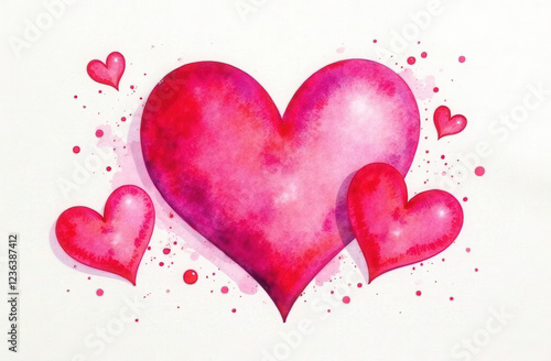 Watercolor hearts in red and pink tones on a white background surrounded by blots of paint. For postcards, posters and decorations for Valentine's Day