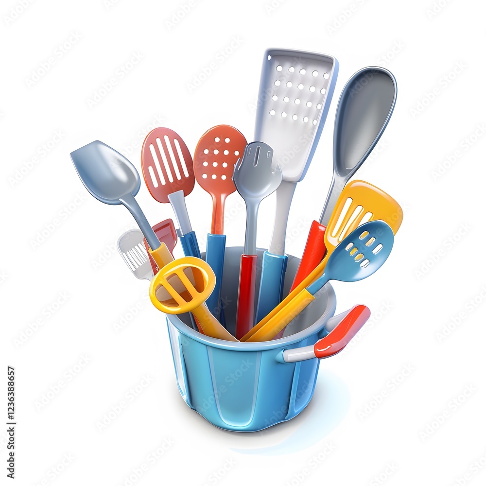 Colorful Kitchen Utensils in a Blue Container on a White Background Colorful Kitchen Utensils in a Blue Container on a White Background