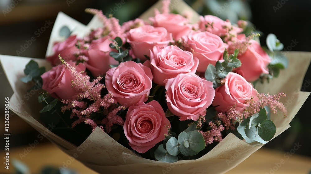 Obraz premium A pink rose bouquet wrapped in delicate floral paper