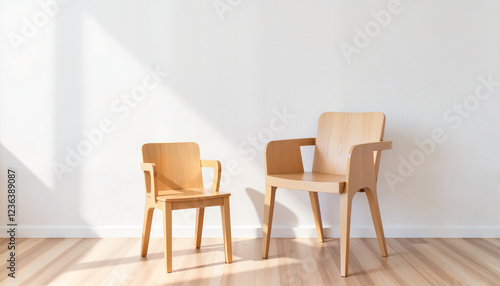 Wooden chairs in minimalist design on bright wooden floor for blogs, websites, interior design projects, furniture catalogs, e-commerce, and home decoration inspirations