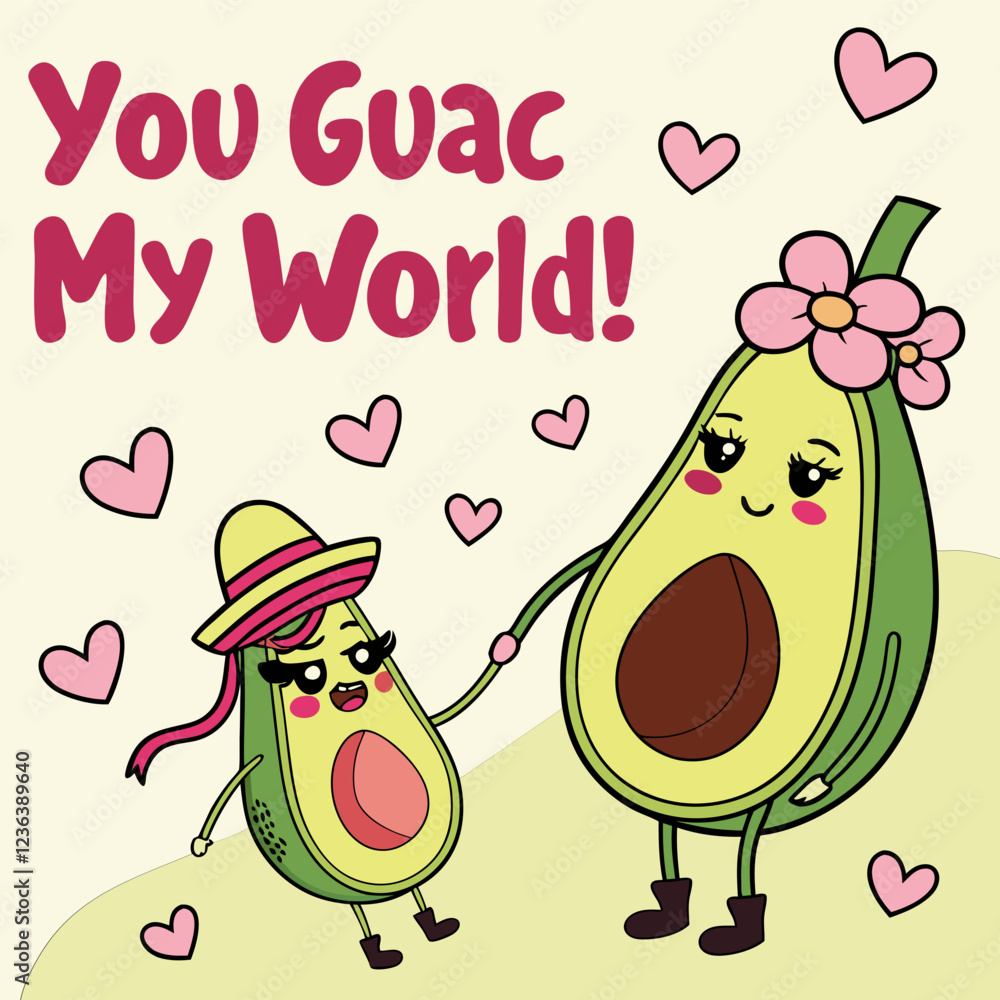 Fototapeta premium funny valentine's day avocado couple illustration. kawaii-style guacamole love vector. cute romantic avocado pun design.