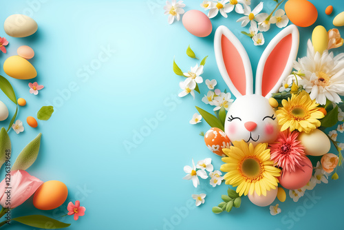 A charming Easter bunny made from seasonal flowers is displayed on a soft blue background, radiating joy and warmth, complemented by colorful eggs and spring blossoms