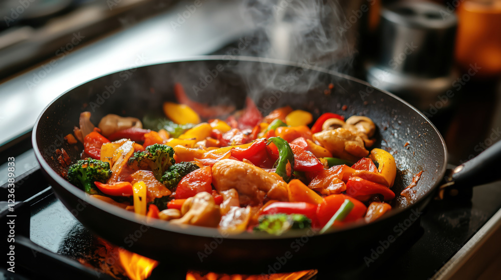 Asian cuisine stir fry chicken and colorful vegetables cooking in a pan Asian cuisine stir fry chicken and colorful vegetables cooking in a pan
