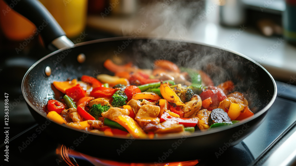 Asian cuisine stir fry chicken and colorful vegetables cooking in a pan Asian cuisine stir fry chicken and colorful vegetables cooking in a pan