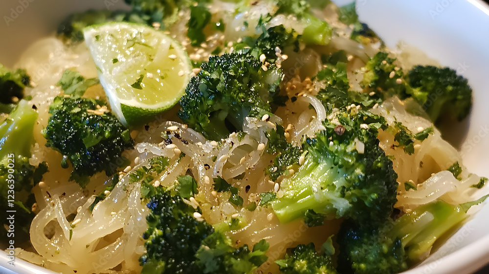 Broccoli and rice noodle stir fry with lime and cilantro. Broccoli and rice noodle stir fry with lime and cilantro.