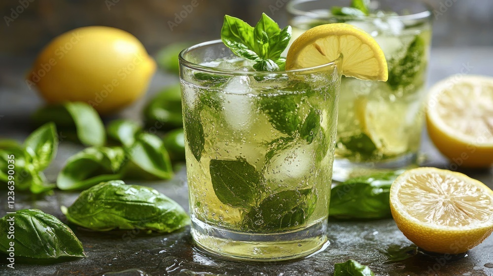 Fototapeta premium Refreshing Basil Iced Tea Drinks with Lemon, on Dark Stone