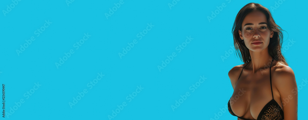 A woman poses confidently in stylish swimwear against a bright blue backdrop, evoking feelings of summer, beauty, and elegance. A woman poses confidently in stylish swimwear against a bright blue backdrop, evoking feelings of summer, beauty, and elegance.