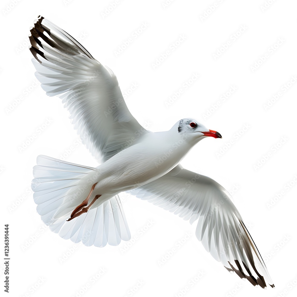 Fototapeta premium Elegant Seagull with White Feathers in Mid-Flight Against White Background