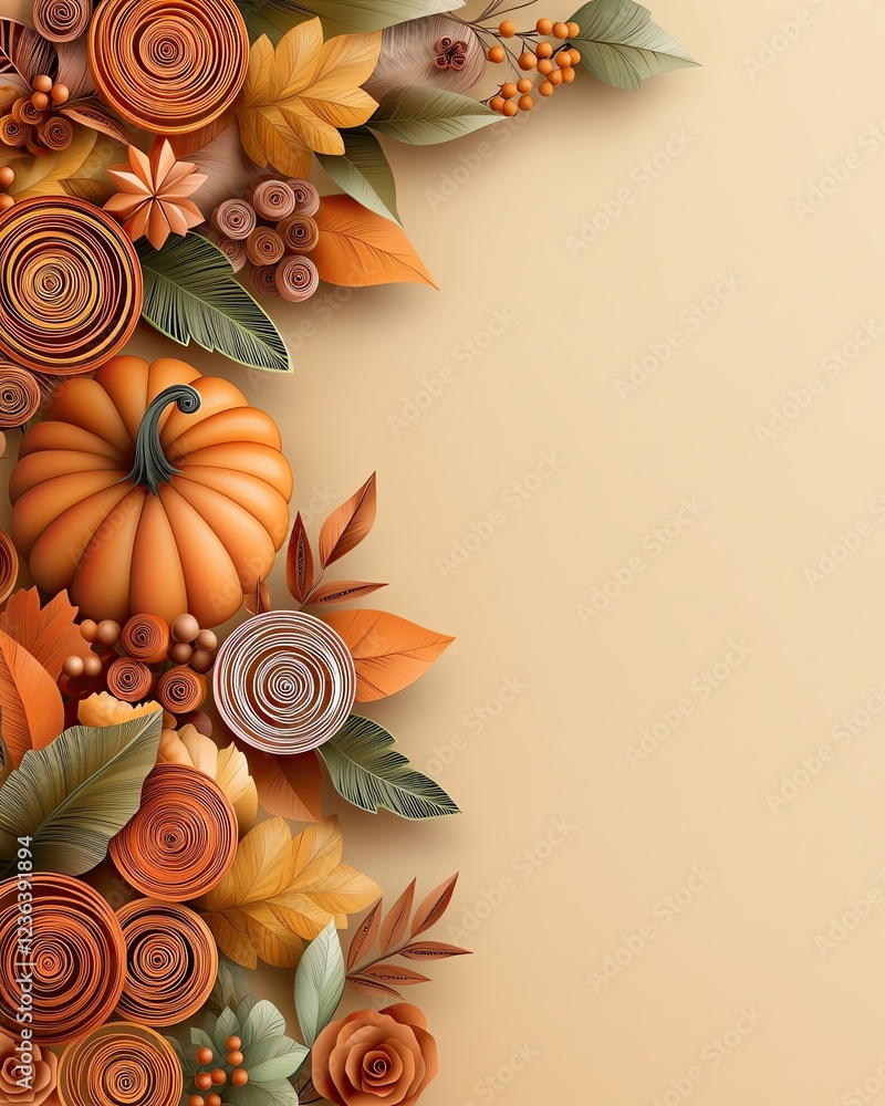 Fototapeta premium Crafted Colorful Seasonal Paper Quilling Techniques of A vibrant autumn arrangement featuring pumpkins, leaves, and flowers in warm tones, perfect for seasonal decor and celebrations.