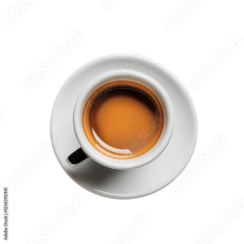 A white coffee cup with a brown liquid in it sits on a white plate
