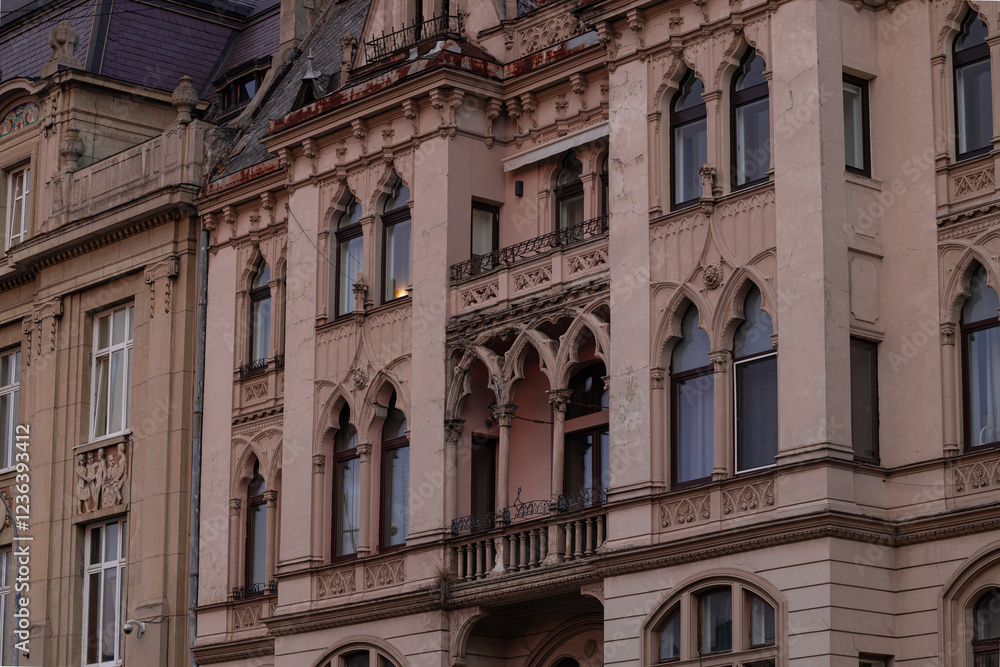 old Austro-Hungary architecture medieval building historical city center exterior facade house perspective old Austro-Hungary architecture medieval building historical city center exterior facade house perspective