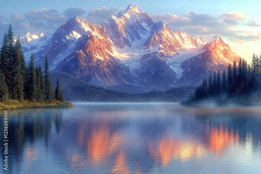 Fototapeta premium Majestic Mountains Reflecting in a Calm Lake at Sunrise