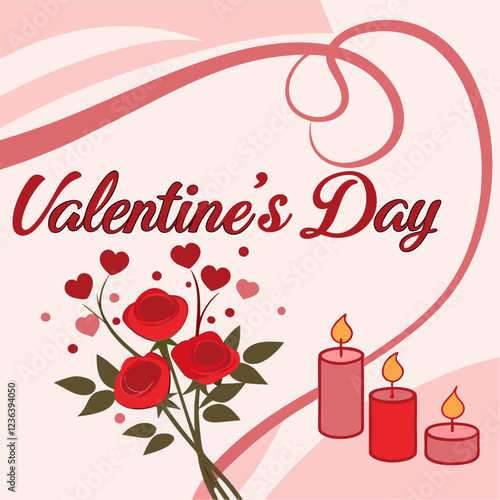 A romantic Valentine's Day poster. romantic valentine's day bouquet with candles. red roses and hearts for love celebration. elegant valentine's day design with swirls.