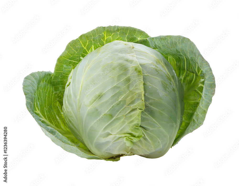 Fototapeta premium fresh green cabbage, whole organic vegetable, crisp leafy produce, nutritious cruciferous superfood, healthy cooking ingredient, on isolated background 