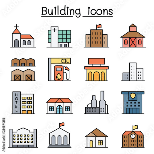 Building icon set in thin line style