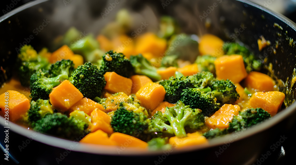 Broccoli and sweet potato curry with coconut milk and spices. Broccoli and sweet potato curry with coconut milk and spices.