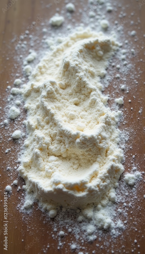 Obraz premium A soft, textured mound of flour is elegantly spread across a rustic wooden surface, creating a beautiful contrast. The fine grains of flour catch the light, evoking a sense of warmth and inviting