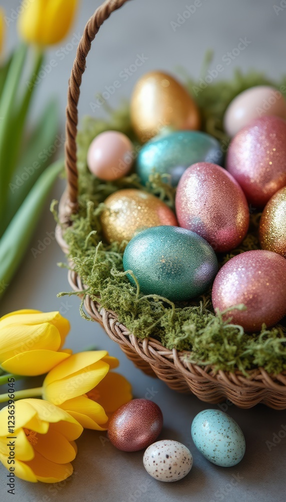 A charming woven basket brimming with glittering Easter eggs in pastel hues sits atop a soft green moss bed, accompanied by vibrant yellow tulips. This delightful scene captures the essence of spring A charming woven basket brimming with glittering Easter eggs in pastel hues sits atop a soft green moss bed, accompanied by vibrant yellow tulips. This delightful scene captures the essence of spring